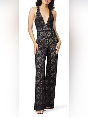 Nightcap Black Lace Plunge Halter Jumpsuit